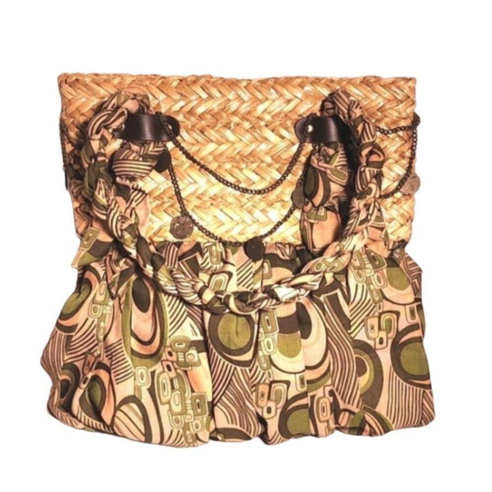Sun 'N Sand Green and Tan‎ Woven Straw & Fabric Summer Tote 12"X14"(flat)